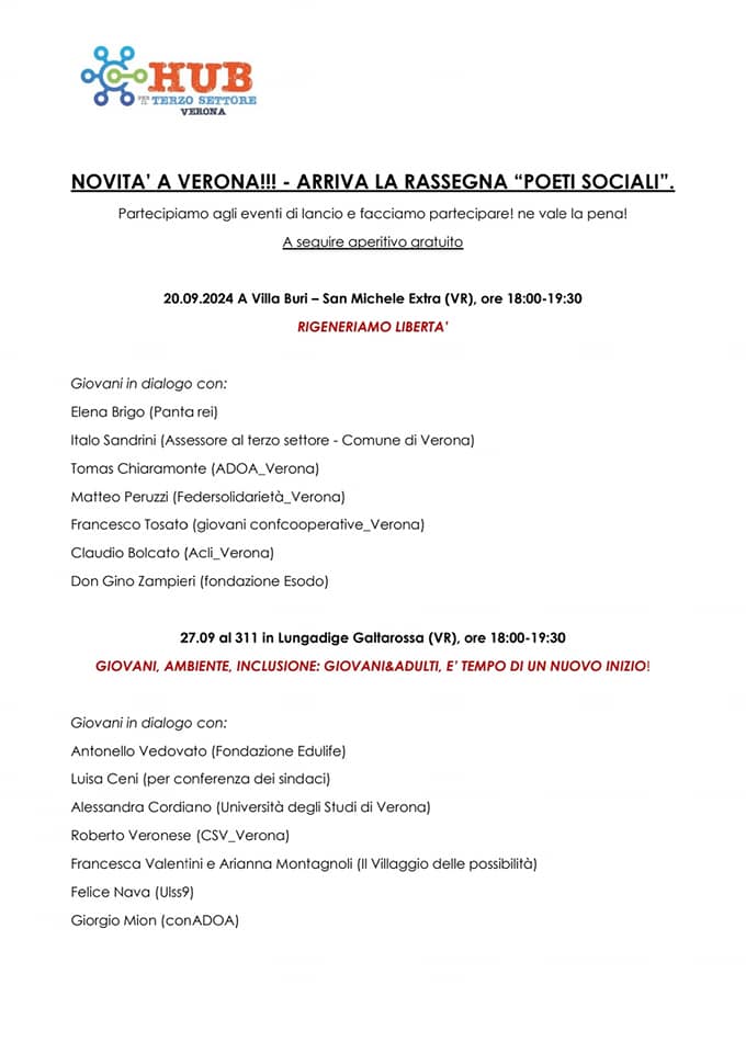 NOVITA’ A VERONA
     ARRIVA LA RASSEGNA 
            “POETI SOCIALI”
Itinerari di pace!

Partecipiamo agli eventi di lancio e facciamo part…